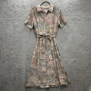 D & Co Small‎ Midi Shirt Dress Tropical Theme Button Up Short Sleeve Comfort